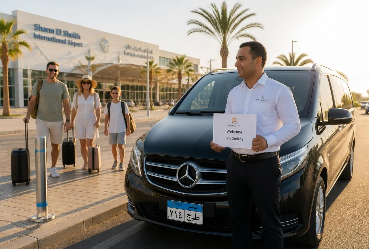 Faraone Tours driver welcoming a guest with a name sign next to the car at Sharm El Sheikh airport